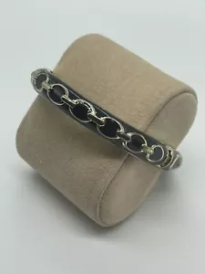 Silver Tone Chain Detail & Black Clamper Hinged Bangle Bracelet Vintage Unsigned - Picture 1 of 4