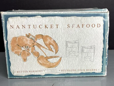 Nantucket Seafood Set Of 2 Butter Warmers Ceramic Melting Pots w/ Chrome Stands - Image 1 of 4