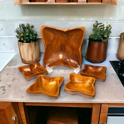 Vintage 1970's Black Walnut Wood Salad Serving Set 5pcs Mid-Century Modern Decor - Image 1 of 4