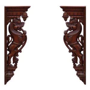 Pair of Wall Bracket/Door Entrance Lion Yali Dragon Statue Wooden Wall Bracket - Picture 1 of 6