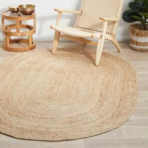 Natural Jute Round Rug Indian Handmade Handwoven Ribbed Solid Area Rugs 4x6 Feet - Picture 1 of 5