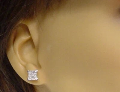 14K YG Invisible Set Square Natural Diamond 1 TCW Cluster Stud Earrings - Image 1 of 3