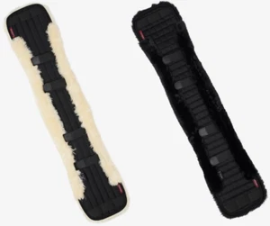 LeMieux Simuwool Dressage Girth Cover Shaped Soft Fluffy Fur Comfort Black/Natur - Picture 1 of 7