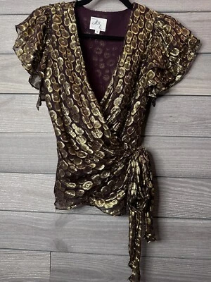 Camisa envolvente vintage de seda Milly of New York ~ dorada + berenjena ~ para mujer talla 4 Foto 1 de 4