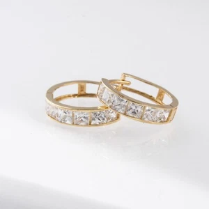 14K Gold 4 MM Princess Cut CZ Simulated Diamond Huggie Hinged Hoop Earrings - Picture 1 of 23