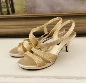 Nina Nolga-YG Gold Baby Glitter Strappy Leather Sole Heels Size US 8 EU 38 Party - Picture 1 of 16