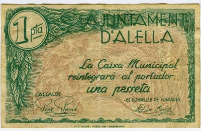 # SPAIN CIVIL WAR 1937 • ALELLA 1 PTA. MUNICIPAL ☆ GUERRA CIVIL ESPAÑOLA  ☆D1397 - Image 1 of 2