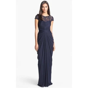 Adrianna Papell Short Sleeve Evening Gown Navy Lace Yoke Gathered Pleats Size 6 - Picture 1 of 13