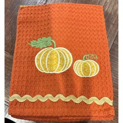 Set Of 3 Fall Kitchen Towels With Pumpkin Embroidery & Plaid Design Orange & Yel - Image 1 of 4
