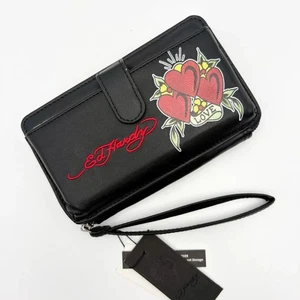 Ed Hardy schwarze vegane Leder-Geldbörse Herzen Liebe Tattoo umlaufender Reißverschluss Kalbsleder neu mit Etikett - Bild 1 von 5