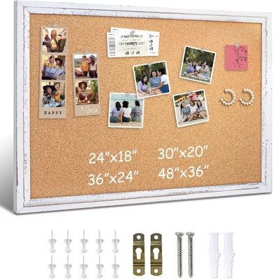 White Cork Board for Wall - 24 X 18 Inches, Rustic Wooden Frame Bulletin Board, - Image 1 of 4
