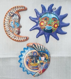 Lote de 3 Arte de Pared Cara Sol y Luna Cerámica Talavera Folk Mexicano Pintado a Mano - Imagen 1 de 18