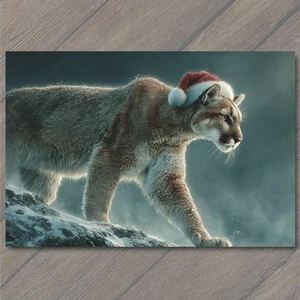 Impresión artística León de montaña Sombrero de Papá Noel Acantilado de nieve Invierno Navidad Wilderness Power - Imagen 1 de 1