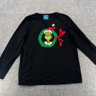 Michael Simon Dr Seuss Top Grinch Christmas Wreath Sequins Long Sleeves L Black - Image 1 of 4