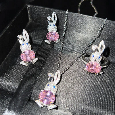 3pc set Cute Rabbit Pink Topaz Gemstone Women Necklace Girl Silver Earring Ring - Image 1 of 4
