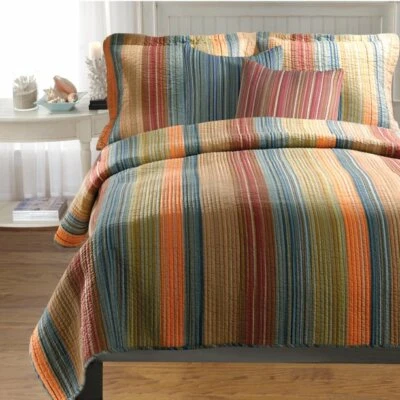BEAUTIFUL MODERN SOFT BROWN RUST COPPER GREEN RED DENIM BLUE ORANGE QUILT SET   - Image 1 of 4