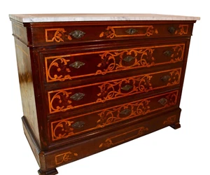 antico comò Carlo X  epoca '800 in noce massello con intarsi piemontese - Foto 1 di 21