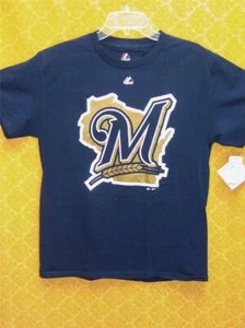 CAMISETA Milwaukee Brewers Azul Marino con Logo DORADO Wisconsin MEDIANA Majestuosa Nueva Con Etiquetas - Imagen 1 de 2