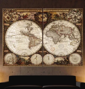 WELTKARTE ANTIK Abstrakt Leinwand BILD SET Braun Modern Wandbild Kunstdruck Deko - Bild 1 von 8
