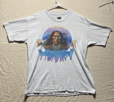 复古 Native American Habitat 1991 Wolves Chief Art 衬衫男式 XL 单针 T 恤 — 第 1/4 张图片