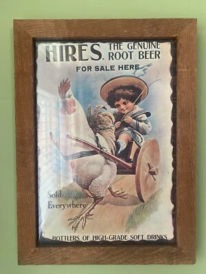 Vintage “ Hires” Root Beer For Sale Advertising Ad 11.25x15.5 Glass/wood Frame - Image 1 of 3