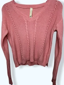Aeropostale Women’s V-Neck Cable Knit Sweater S/P Salmon Pink Long Sleeves AS IS - Picture 1 of 12