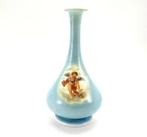 Bristol Glass Baby Blue Vase Hand Painted Cherub  - Picture 1 of 12