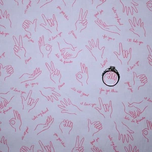 BonEFul Fabric FQ Cotton Quilt Pink Peace Sign Language Hand Word I Love You Kid - Picture 1 of 14