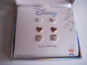 Disneys "I Love Minnie" Maus CZ Nickelfrei 3 Ohrstecker Set Neu Geschenkbox - Bild 1 von 8