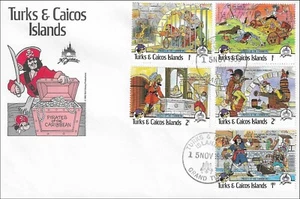 Pirates Of The Caribbean 5 Stamp Set Disney Turks & Caicos Islands FDC 1985 - Picture 1 of 1
