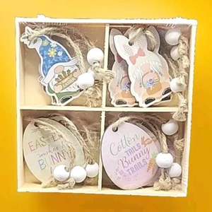 Mini Easter Tree Ornaments Spring Gnomes & Eggs Set Of 12 Twine Wood Beads ~NEW - Picture 1 of 6