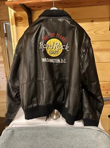 Men's Vtge Hard Rock Cafe Washington DC Genuine Black Leather Bomber Jacket XL - Picture 1 of 8