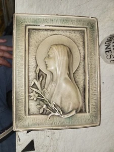Antique Signed Belgium Plaster Maria Virgin Mary Madonna Wall Hanging Plaque - Picture 1 of 4