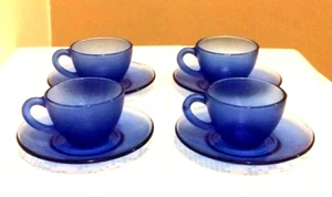 VTG Strangl Frosted Colbalt Blue Glass Cup Saucer Set 4 Demitasse MSM Brazil - Picture 1 of 7