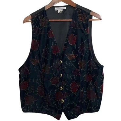 Vintage Velour Vest Womens Large Black Red Floral Gold Trim 90s Mom Waistcoat Foto 1 de 4