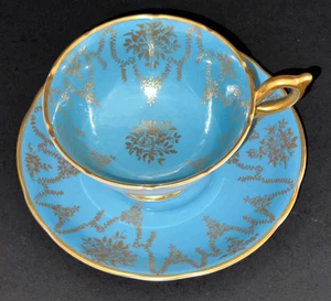 Tazza da tè e piattino vintage Coalport Bone China Teal Gold Bone China Inghilterra anni 40 - Foto 1 di 13