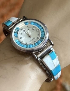 Orologio Vintage Navajo Zuni Turchese Mop Argento Sterling Donna Cinturino Fine - Foto 1 di 9