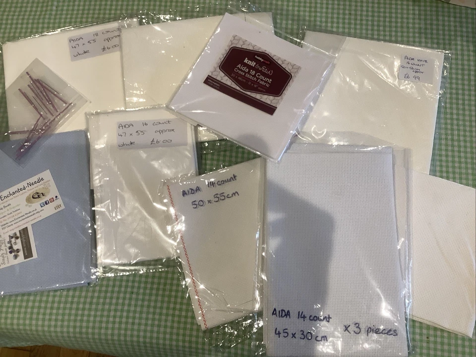 Job Lot Aida Fabric For Cross Stitch, 14 16 18 Count, White Blue Iridescent, New - Image 1 of 4
