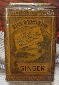 antique  12" tin-C.M & R. Tompkins whiolesale grocers Spices Coffee Elmira,N.Y. - Picture 1 of 6