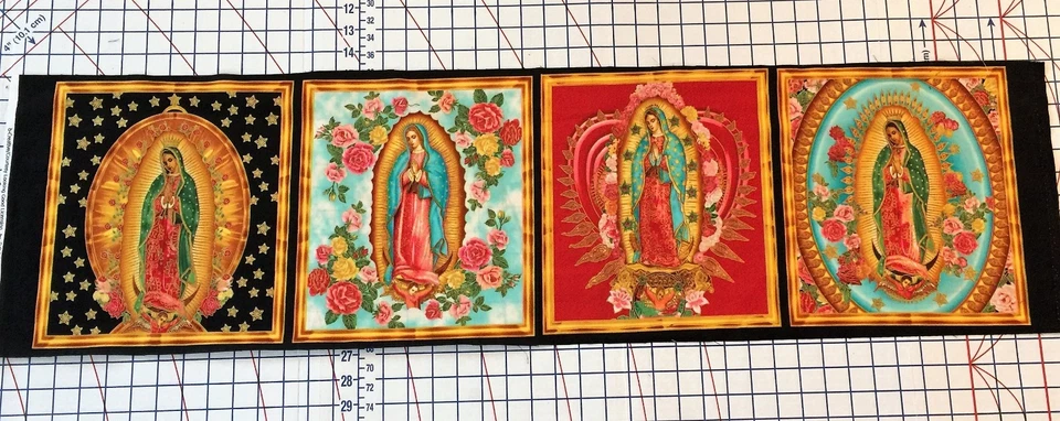 Our Lady of Guadalupe Mexico Virgin Mary Fabric 4 Square Panel metallic 1/3 Yd - Image 1 of 4