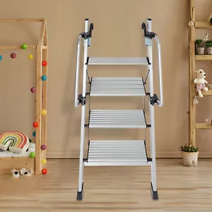 4 Step Ladder Handgrip Anti-Slip Sturdy Stool Wide Pedal Aluminum Silver 330lbs - Picture 1 of 14
