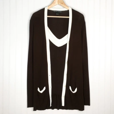 Ralph Lauren Mujer Cárdigan Suéter Conjunto Marrón Viscosa Color Bloque Manga Larga L Foto 1 de 4