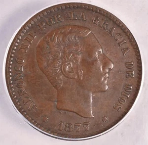1877-OM Spain 5 Centimos - ANACS AU50 Details - Picture 1 of 3