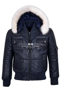 Chaqueta de bombardero con capucha para hombre PILOT 6 PUFFER azul marino cuero real invierno chaqueta con capucha - Imagen 1 de 9