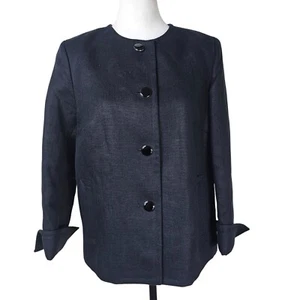 Talbots Womens Black Linen Button-Up Jacket Sz 10P Lined Split Cuff Pockets - Picture 1 of 10