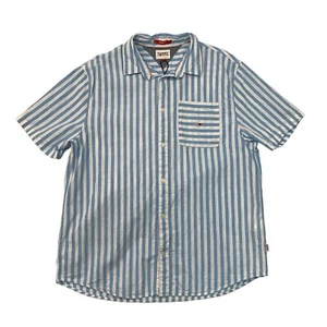 Tommy Hilfiger Jeans Shirt Mens XL Blue Skysail Striped Relaxed Fit Linen Blend - Picture 1 of 13
