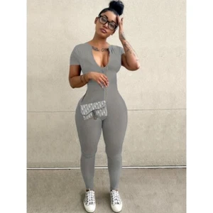 Womens Summer Fashion Short Sleeve Bodycon Jumpsuit One Piece Zip Up Romper - Picture 1 of 24