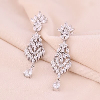 18 克拉多切 CZ 枝形吊灯新娘声明吊坠耳环 925 银 — 第 1/4 张图片