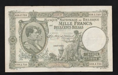 Belgium, 1000 Francs - 200 Belgas, 1937, P-110 , King Albert Queen Elisabeth - Image 1 of 2