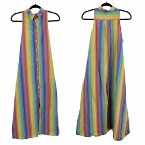 M.D.S. Kleid Streifen Shirtkleid Regenbogen Trägerkragen A-Linie Midi Taschen Gr. 2 - Bild 1 von 12